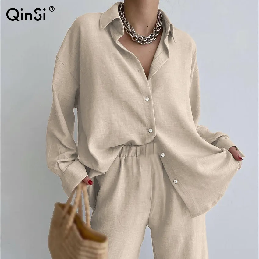أزياء QINSI طقم بيجامة للخريف بأكمام كاملة للنساء كاكي بخصر مرتفع قطعتان ملابس نوم خضراء بصدر واحد