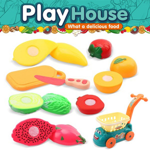 Chariot de courses de jeu d'imitation avec fruits et légumes à découper et accessoires pour jeux de rôle en cuisine et épicerie pour enfants - Product Image 2