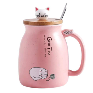 แก้วกาแฟเซรามิคลายแมวน่ารักพร้อมฝาไม้ ขายส่งพอร์ซเลนคุณภาพดี ของขวัญทางธุรกิจ ทนทานและปรับแต่งได้ - Product Image 1