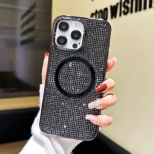 Funda de teléfono de diseño brillante con purpurina para iPhone 16 15 14 13 12 11, funda de teléfono magnética brillante con diamantes de lujo para iPhone 15