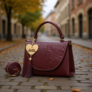 Sac messager pour femme Fana en cuir PU couleur vin avec motif floral en relief et pompon, bandoulière, toutes saisons, taille M - Product Image 2