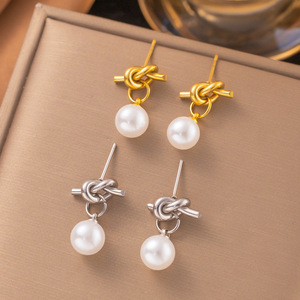 Pendientes de Aniversario de Estilo Francés INS con Perlas Grises de Cristal Simuladas y Cuerda Anudada en Forma de Gota, Chapados al Vacío en Acero Inoxidable 18K - Product Image 1