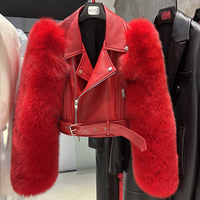 Veste de motard en cuir véritable pour femme, en peau de mouton véritable, manches en fourrure de renard, veste en cuir véritable pour l'automne