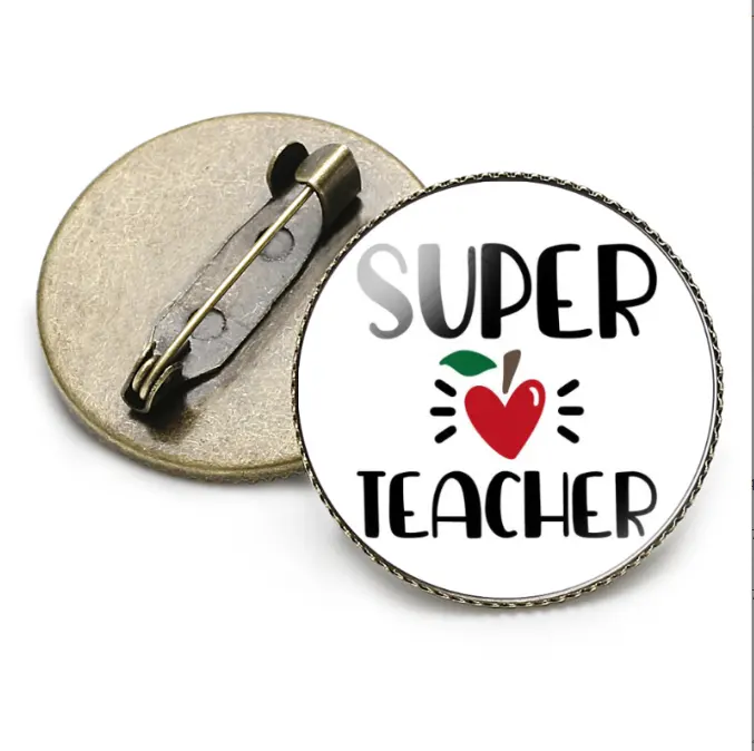 เข็มกลัดวินเทจ Super Teacher ของขวัญวันครูคุณภาพสูงพร้อมป้ายพลอยเวลาลายแอปเปิ้ลแดง