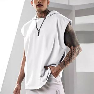 French 0.7 Cotton 0.3 Polyester Quality Best Short Embroidery Fabric <strong>Sleevless</strong> <strong>Hoodies</strong> with Custom Drawstrings Designs - Product Image 3