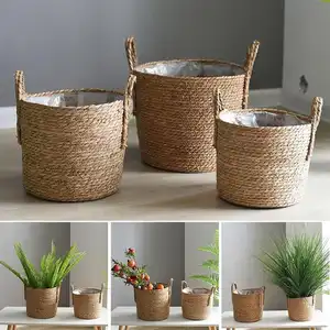 天然海草播种机储物篮，塑料衬垫手工编织藤条储物篮，用于花盆