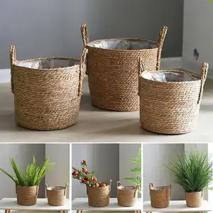 Cestello portaoggetti per fioriere in alghe naturali con fodera in plastica cestini portaoggetti in Rattan intrecciati a mano per vasi da fiori