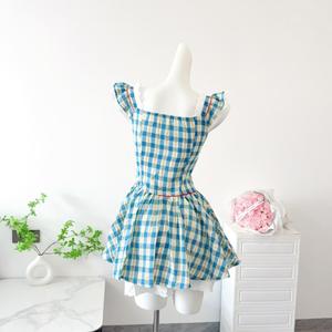 Vestido de Verano Estilo Francés Retro a Cuadros Azules con Mangas Cortas y un Toque de Elegancia, Vestido con Volumen - Product Image 3