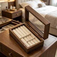 Boîte à bijoux en bois, organisateur de bijoux avec couvercle en verre, présentoir, doublure en velours noir, rangement à charnières pour bagues, boucles d'oreilles, chambre à coucher, coiffeuse