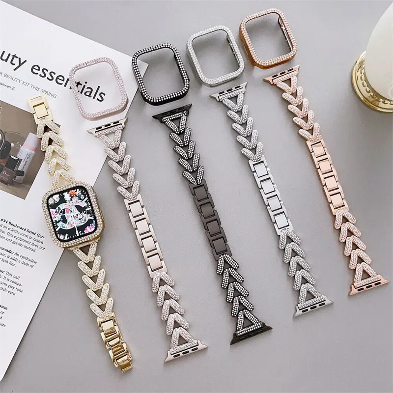 Glitter Bling Aluminium Alloy Watch Band Metal Diamond Luxury Designer Strap Protective Case For Apple Iwatch 3 4 5 6 7 8
