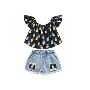 Toddler Kids Girls Summer Outfits Off Shoulder T-shirt Ripped Denim Shorts Sets