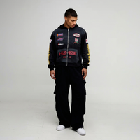 Survêtement unisexe décontracté streetwear à capuche, fermeture éclair intégrale, noir, polyester, coupe classique, logo imprimé devant, délavé à l'acide, maternité