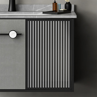 Miroir de salle de bain rectangulaire en PVC noir mat avec éclairage LED mural design moderne, comptoir en chêne, lavabo facile à nettoyer