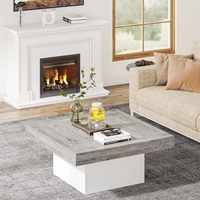 Table basse convertible moderne carrée avec lumières LED, 35 pouces, salon, table centrale en bois gris et blanc pour la maison
