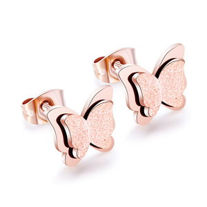 Butterfly <b>Stud</b> <b>Earrings</b> Rose Gold Steel 12mm Double Layer Frosted Insect Design Fashion Jewelry Gift For Women - Product Image 1