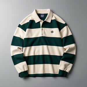Logo personnalisé Chemise de <span class=keywords><strong>rugby</strong></span> brodée surdimensionnée de haute qualité Polo rayé à manches longues Combinaison de rue Polo de <span class=keywords><strong>rugby</strong></span> en coton - Product Image 1