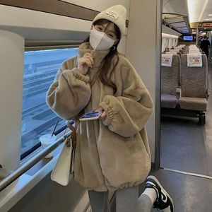 Fleece Jacket Women Winter Thick Loose Fit Zip-Up Hooded Coat Khaki Off-White Full Sleeve Cotton Filling - Product Image 1