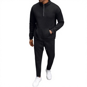 Nouvel Arrivage – Ensemble deux pièces décontracté pour homme : Sweat-shirt léger 100 % coton respirant à col roulé et manches courtes, couleur unie, texture gaufrée - Product Image 3