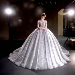 <b>Sparkly</b> Modern Organza Floor-Length Ball Gown Wedding Dresses Appliques Floral Print Crop <b>Top</b> Puffy Skirt Sweetheart Neckline - Product Image 1