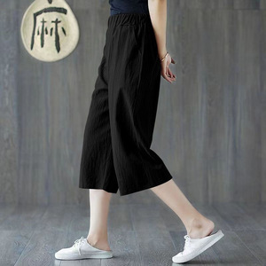 Women's Cotton Linen Casual Capri Pants High Waist Wide Leg Breathable Plus Size Natural Linen Color - Product Image 3