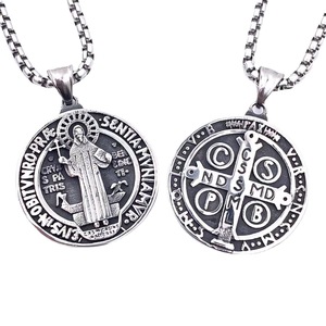 Stainless Steel <b>Cross</b> Pendant Necklace Men's Religious Charm Round Embossed Design 2160104 - Product Image 1