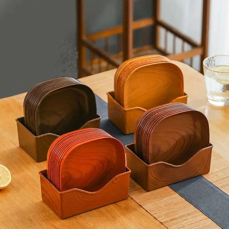 2023 Wood Design Home Snack Cake Dessert Plate Unbreakable Plastic Square Dinner Plate Tray Set With Hoder