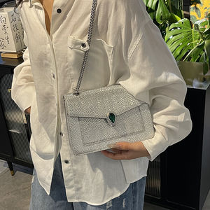 حقيبة كتف نسائية فضية بتصميم جديد مزينة بالأحجار الكريمة، حقيبة كروس فاخرة بسلسلة وسحاب من جلد البولي يوريثان الشهيرة - Product Image 3