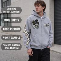 Sudadera con capucha y cremallera para hombre, de algodón gris melange personalizado, 390GSM, con gráfico Cash Talk, con tachuelas, estilo canguro, acanalada, oversize, estilo hip hop