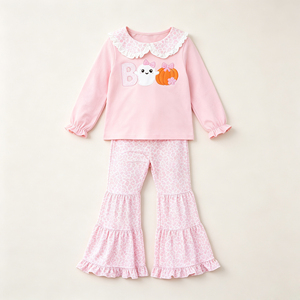 GLP3630 Conjunto de Otoño Personalizado para Niña Pequeña, Color Rosa, Estampado de Calabaza de Halloween, Ropa Infantil al por Mayor, Manga Larga, Spandex/Algodón - Product Image 1