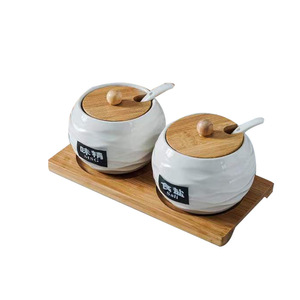 Ceramic Condiment <b>Jars</b> With Wooden Lids 3 Tier Stand Stackable <b>Kitchen</b> <b>Storage</b> Set <b>For</b> Spices And Seasonings - Product Image 5