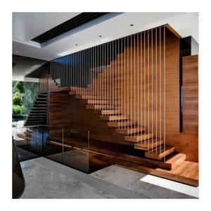 Escalera flotante en forma de I para renovaciones del hogar Escalera de madera Apartamento moderno personalizado Escaleras rectas con barandilla de vidrio - Product Image 2