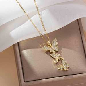 Collier Papillon Européen-Américain pour Femme, Zircon Coloré Haut de Gamme, Chaîne de Clavicule Luxe Léger, Collier en Cuivre Bambou - Product Image 4