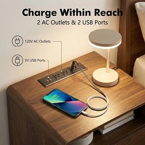 Comodino Laterale per Camera da Letto in Legno di Noce <span class=keywords><strong>con</strong></span> Doppio Cassetto e Porta di Ricarica - Product Image 3