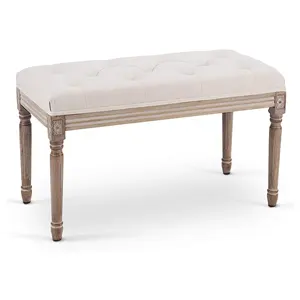 French Vintage Styles Tufted Fabric Seat Rubber Wood Legs Upholstered Living Room Furniture Bench