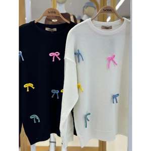 โซเบ คัลเลอร์ฟูล โบว์เสื้อสเวตเตอร์ถักผู้หญิงแขนยาวลำลองป้องกันขนร่วง 14 Gg สีดำ - Product Image 1