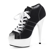 Passerelle 15cm mode talons fins plate-forme pompes Peep Toe Denim bande pôle danse grande taille femmes à lacets Sexy fétiche danseuse exotique