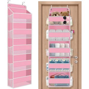 5 Tier Over The Door Organizer Pink Hanging <b>Storage</b> With Clear Window For Kids Rooms Nursery Bedroom Bathroom Closet - Product Image 1