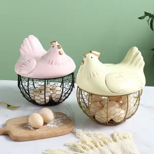 Creative Cute Kitchen Storage Ceramic Lid Chicken Iron Rack Storage Basket Can Hold Eggs