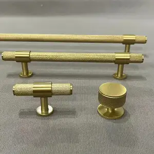 Solid Brass Round Bar T Shape Knurled Brass Handle For Furniture Cabinet Drawer