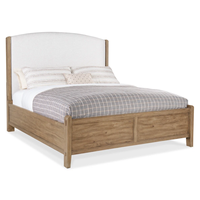 Lit en bois massif de style farmhouse moderne avec tête de lit capitonnée incurvée, lit plateforme pour chambre à coucher
