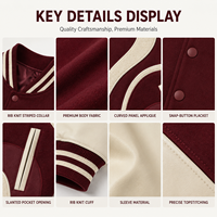 Blouson universitaire streetwear bordeaux surdimensionné en molleton épais avec logo personnalisé, appliqué en tissu éponge, manches contrastantes en cuir et bordure côtelée rayée