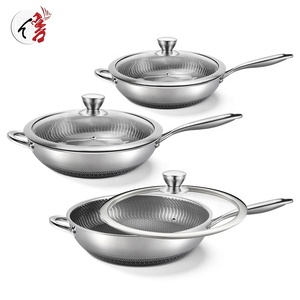 Panela <span class=keywords><strong>Wok</strong></span> Antiaderente de Aço Inoxidável Triplo Revestimento 18/8 Grau Alimentício com Fundo Favo de Mel, Tampa de Vidro e Compatível com Indução – Oferta Imperdível - Product Image 1