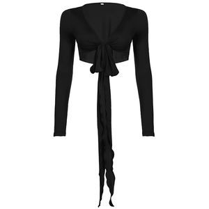 Camiseta Corta de Punto Ajustada con Lazo Delantero Estilo Y2K para Mujer, Camiseta de Manga Larga para Mujer - Product Image 6