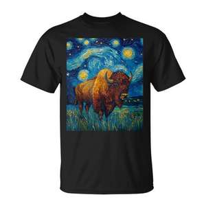 T-shirt graphique style Van Gogh Nuit étoilée, motif bison buffle, unisexe adulte, manches courtes, col rond, impression numérique - Product Image 1