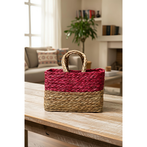 Handwoven Grass <b>Basket</b> <b>with</b> Festive Trimand <b>Handle</b> (red) Eco-Friendly Stylish Storage grass <b>Basket</b> - Product Image 1