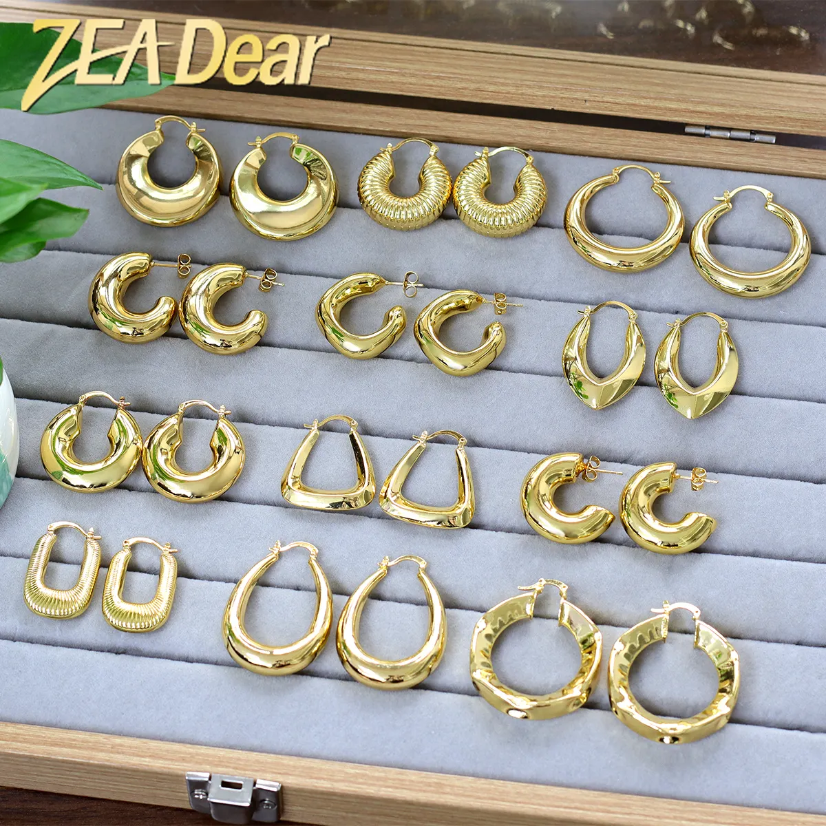 Zeadear jewellery Hypoallergenic Heart Geometric C 18k PVD Gold Plated Brass Chunky Hollowed Statement Earrings