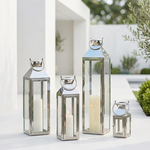 Lanternes à bougies en acier inoxydable décoratives pour la maison, style moderne, avec panneaux en verre trempé, vente en gros - Product Image 1