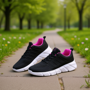 Chaussures de marche décontractées pour femmes, baskets de sport respirantes et confortables à semelle plate, en maille noire et rose, à lacets, toutes saisons - Product Image 2