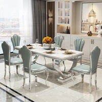 Nouveau modèle 2026 : Ensemble table et chaises de salle à manger en marbre, table rectangulaire en dalle de roche, design moderne et haut de gamme pour restaurant et usage domestique