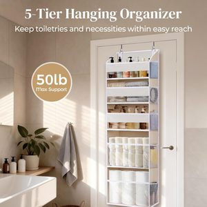 Over The Door Organizer 5 Tier With Mesh Pockets Beige Bathroom Bedroom Storage Hanging <b>Rack</b> - Product Image 3